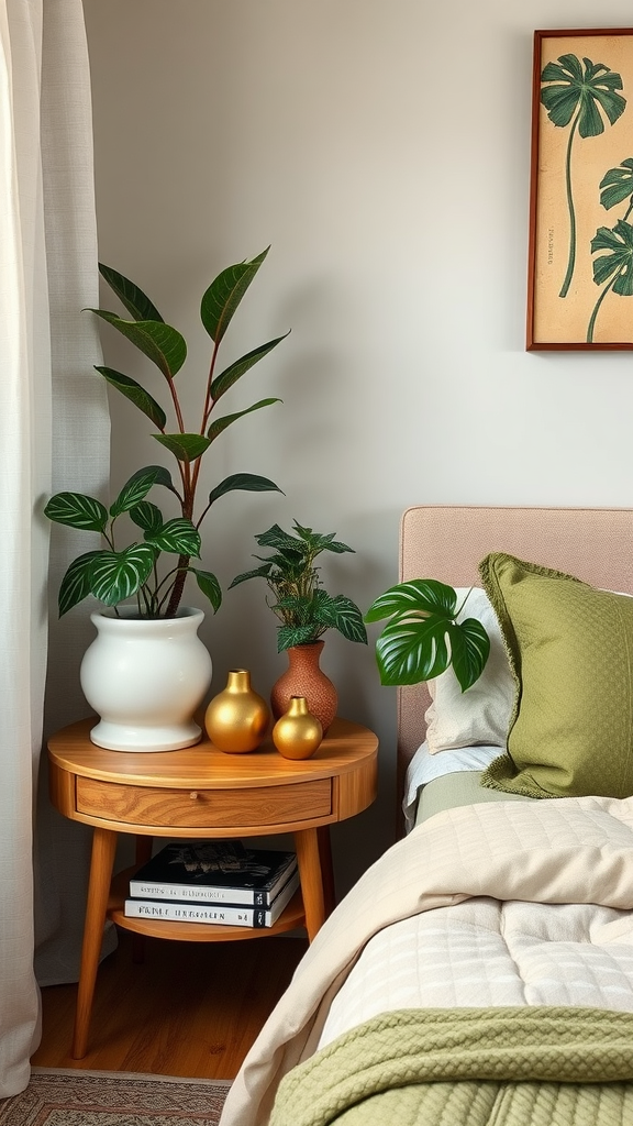 A cozy bedroom corner featuring a multi-level bedside table with plants and decorative vases.