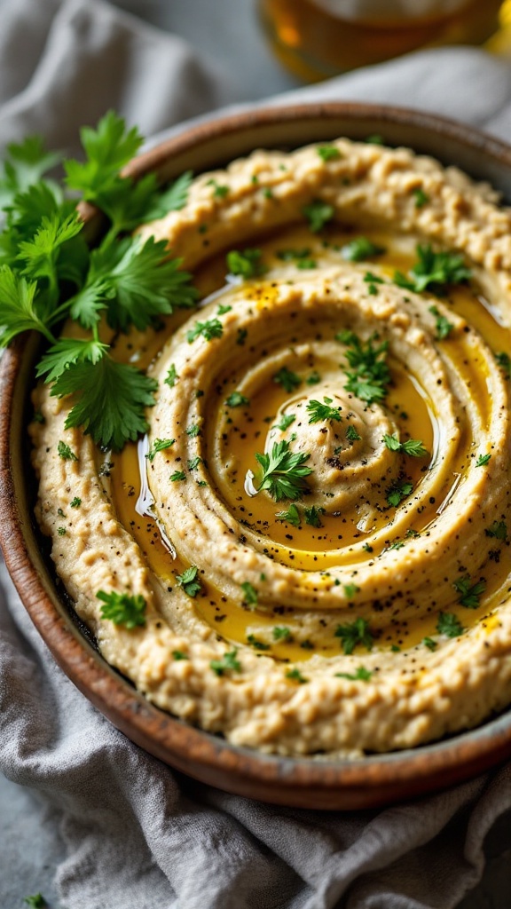 A bowl of creamy Baba Ganoush topped with olive oil and fresh parsley