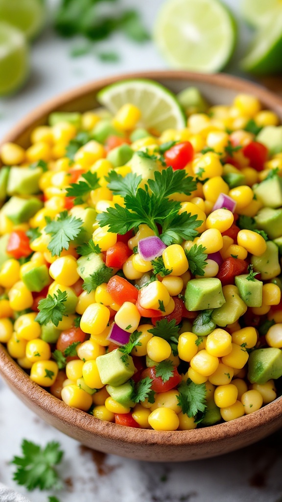 A bowl of colorful sweet corn and avocado salsa with diced tomatoes, red onion, and cilantro, garnished with lime slices.