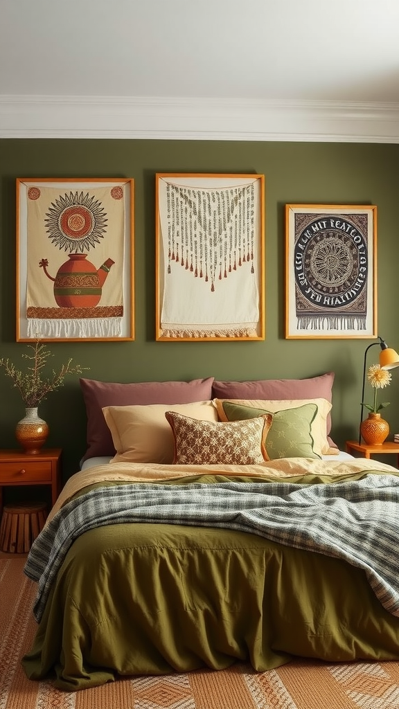 A cozy bedroom featuring bohemian prints on the wall and olive green bedding.