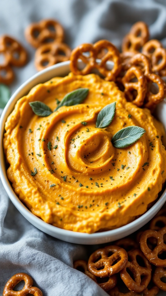 A creamy pumpkin and sage dip served in a bowl, surrounded by pretzels.