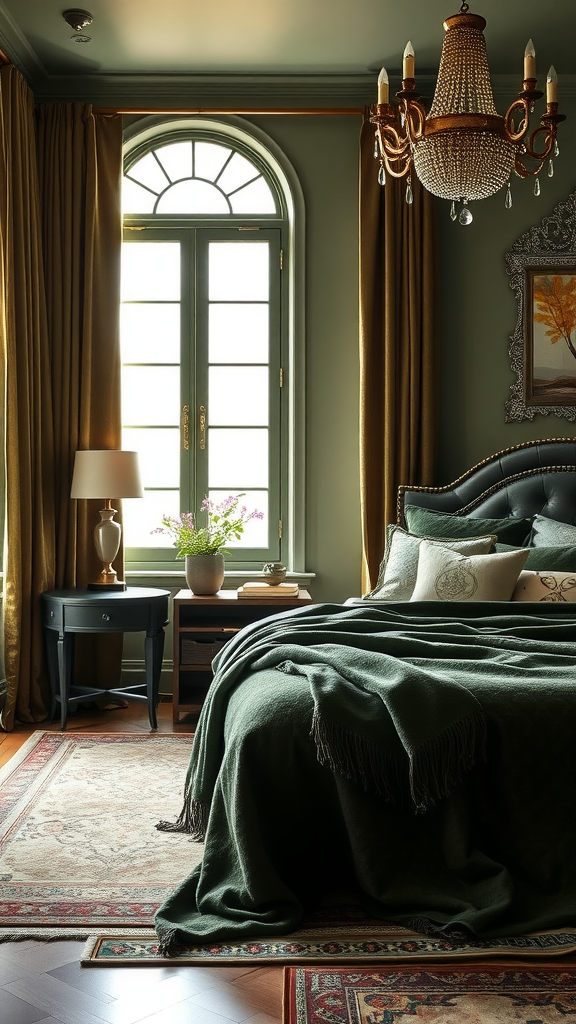 Cozy bedroom with olive green decor and Art Deco elements.