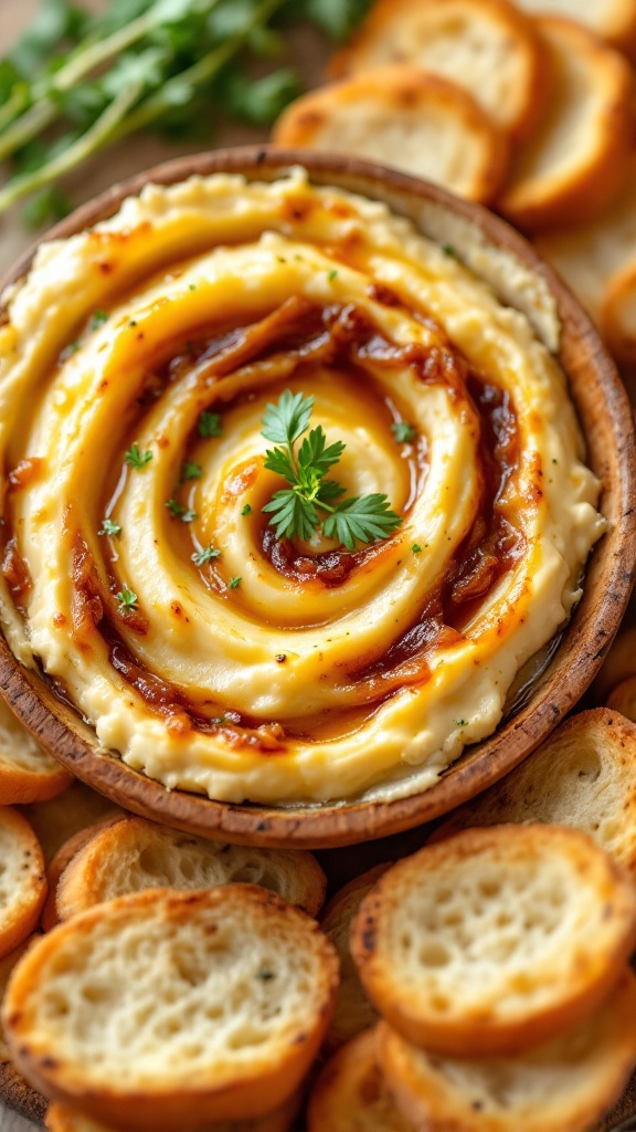 A creamy caramelized onion and Gruyere dip in a bowl, surrounded by crispy crostini.