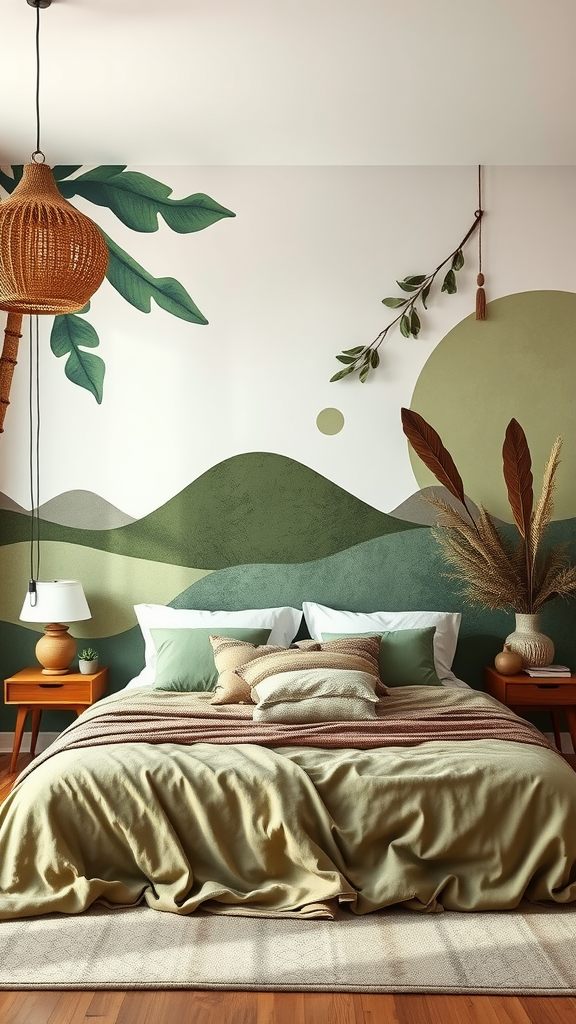 A stylish bedroom with an olive-themed mural featuring green and earthy tones.