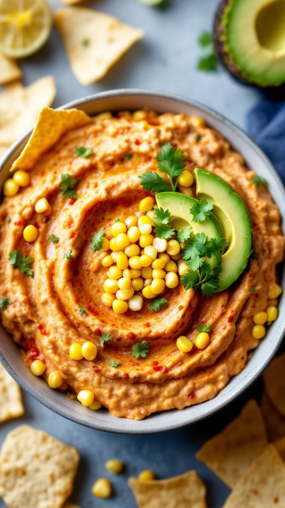 A bowl of Chili Lime Corn and Avocado Dip topped with corn and avocado slices, surrounded by tortilla chips.