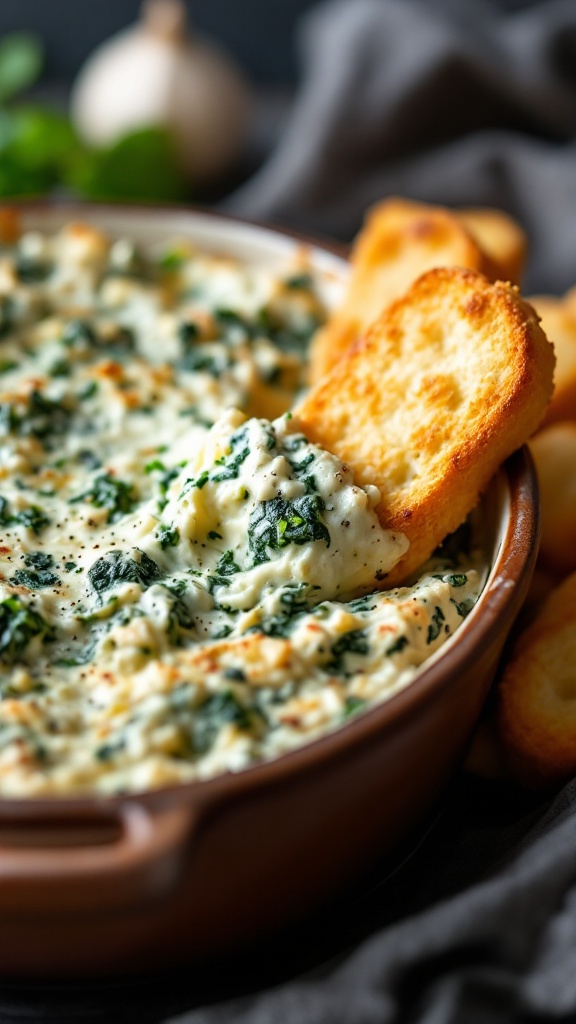 A creamy spinach and artichoke dip in a bowl with toasted bread for dipping.

Honesty you can't go wrong with this party dip recipe.  I can be served warm or cold and people gobble it up!  

Click to see all of our best cold party dip and appetizer ideas for football parties, birthday party, or any other special occassion.