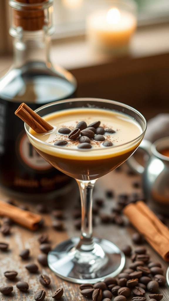 A beautifully garnished cinnamon spiced espresso martini with coffee beans and a cinnamon stick