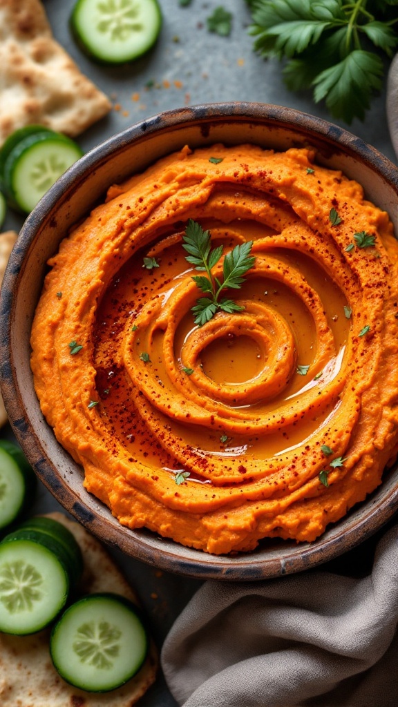 A bowl of spicy roasted red pepper hummus topped with olive oil and herbs, surrounded by cucumber slices and pita bread.