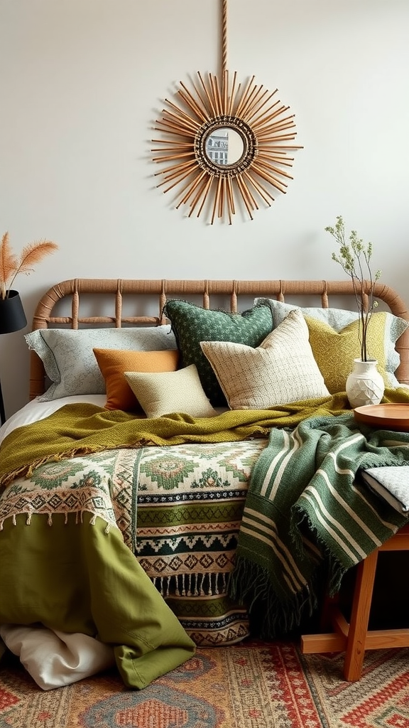 A beautifully styled bed featuring various patterned pillows and throws, adding warmth and texture to the space.