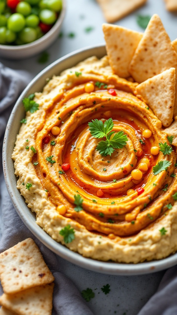 A bowl of Mediterranean chickpea dip topped with olive oil, herbs, and colorful ingredients, accompanied by pita chips.