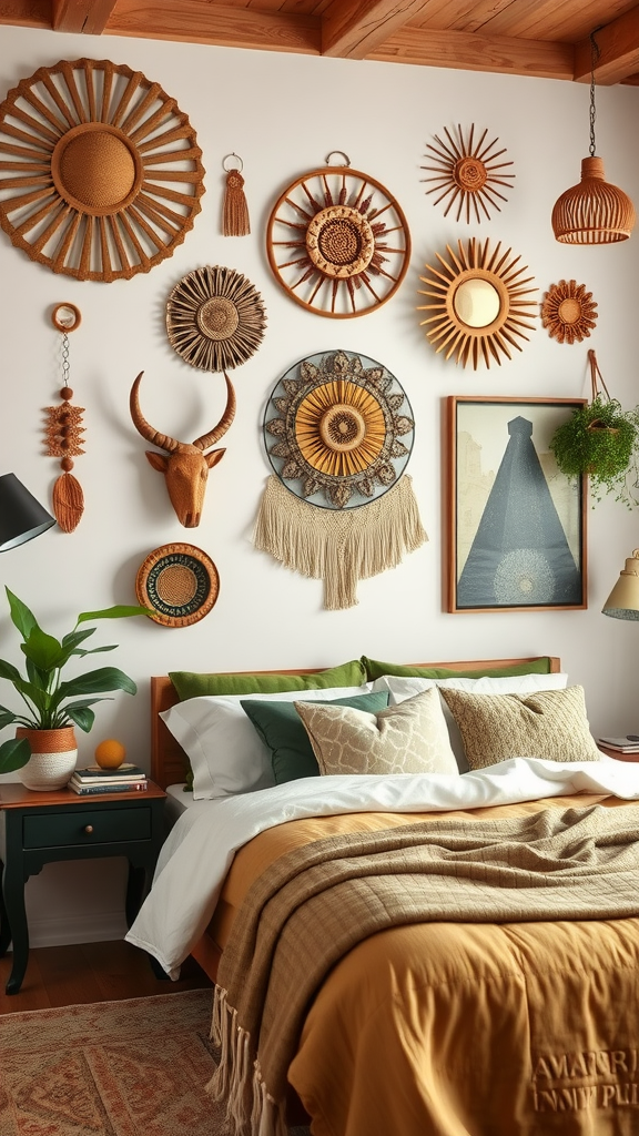 A cozy bedroom with a wall decorated in eclectic styles, featuring woven decor items, a bull skull, and a green plant.