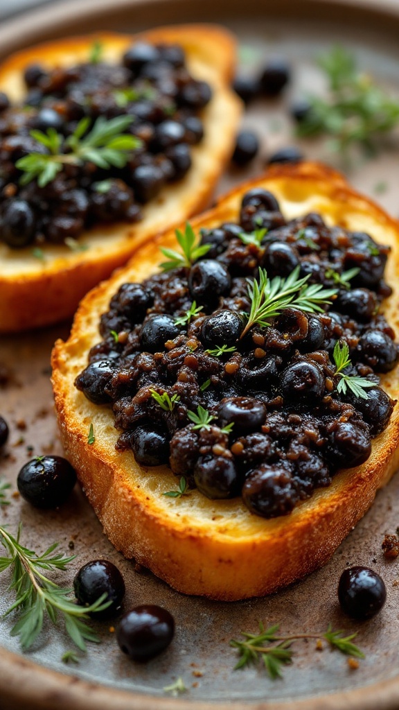 Toasted bread slices topped with black olive tapenade and fresh herbs.