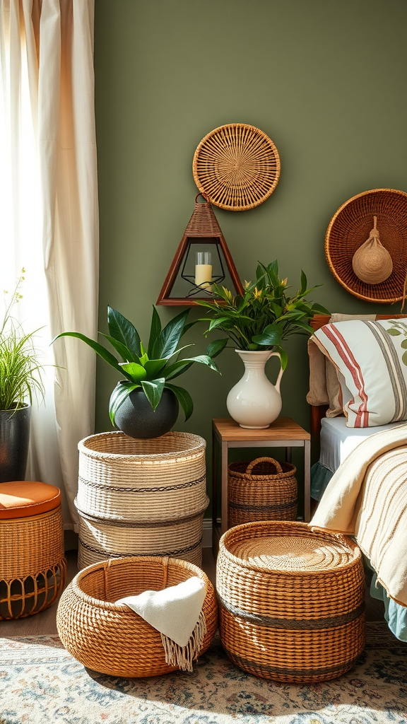 A cozy bedroom featuring decorative olive green baskets among plants and bedding.