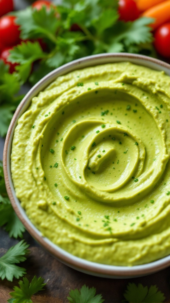 A creamy avocado and yogurt dip in a white bowl, surrounded by fresh vegetables.