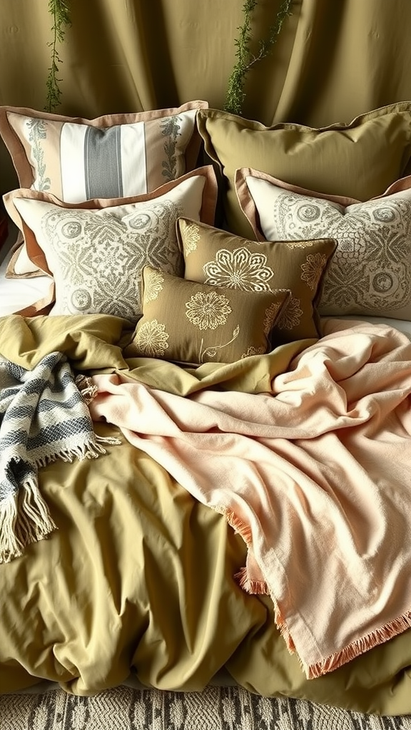 A cozy bed featuring a variety of patterned pillows and blankets in warm earthy tones.