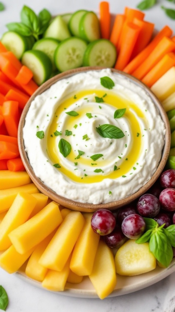 Colorful array of fresh vegetables and fruits surrounding a creamy lemon basil dip topped with olive oil and basil leaves.