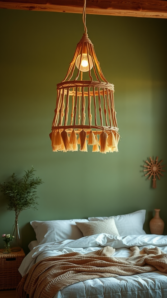 A bohemian-style pendant light made from natural materials, hanging above a neatly arranged bed with soft linens.