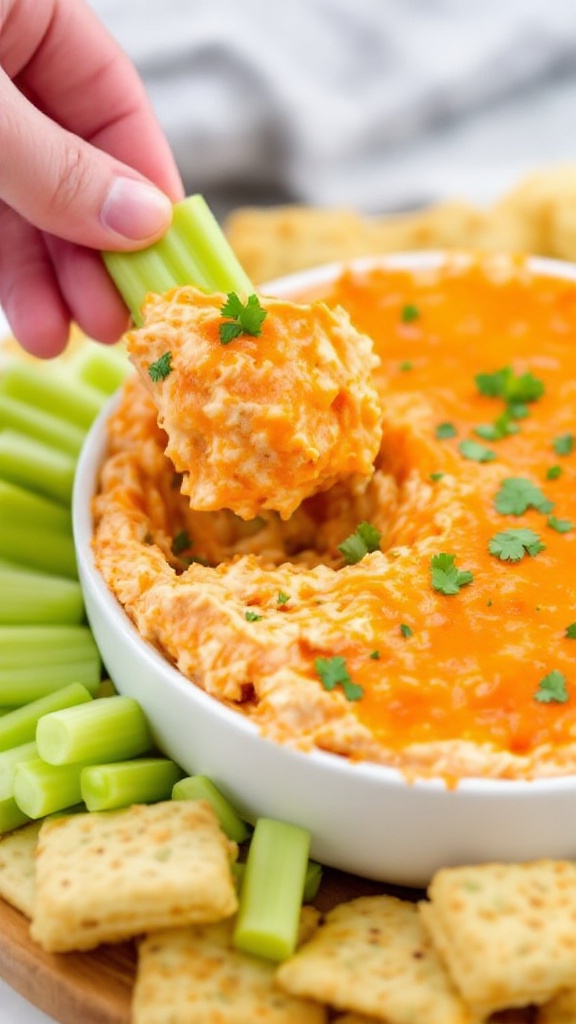 A bowl of buffalo chicken dip with celery sticks and crackers on the side