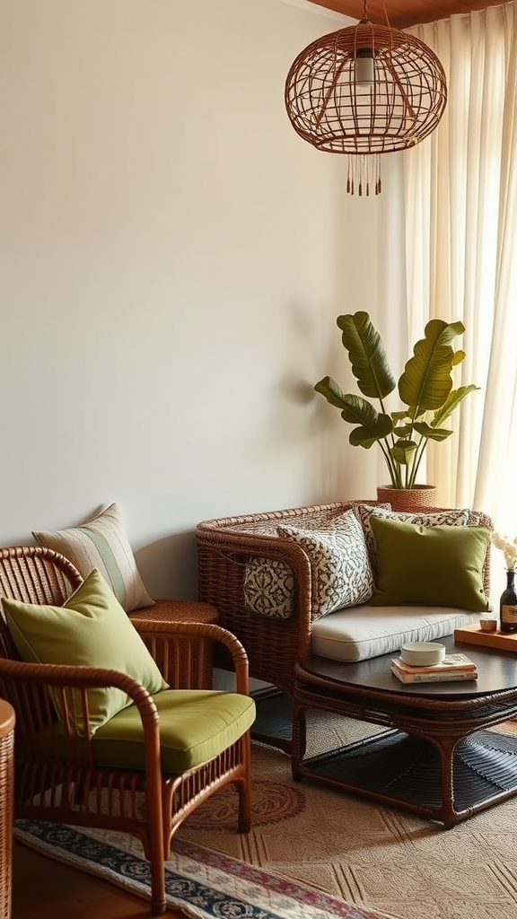 A cozy living space featuring olive green cushions on rattan furniture, with a plant in the corner and natural light filtering through curtains.