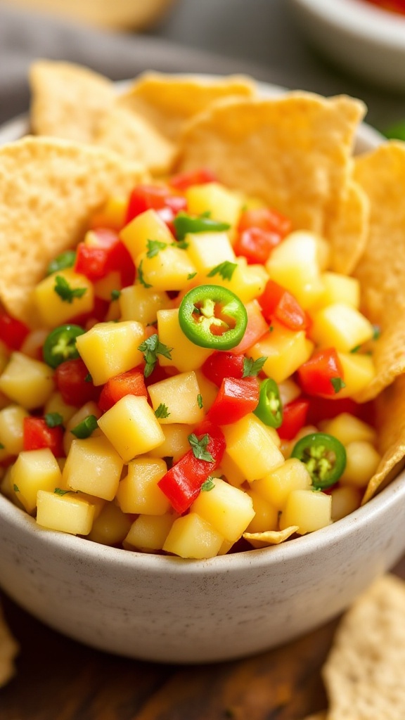 A bowl of pineapple salsa with jalapeño, surrounded by crispy tortilla chips.