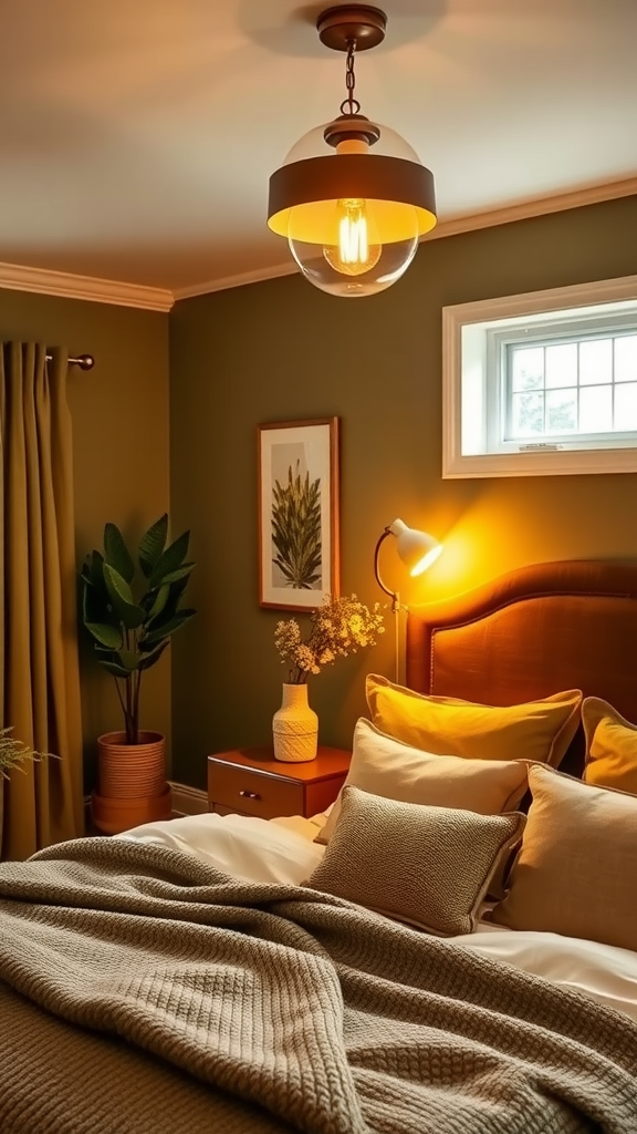 A cozy bedroom with warm lighting, featuring a bed with pillows, a green wall, and a plant.