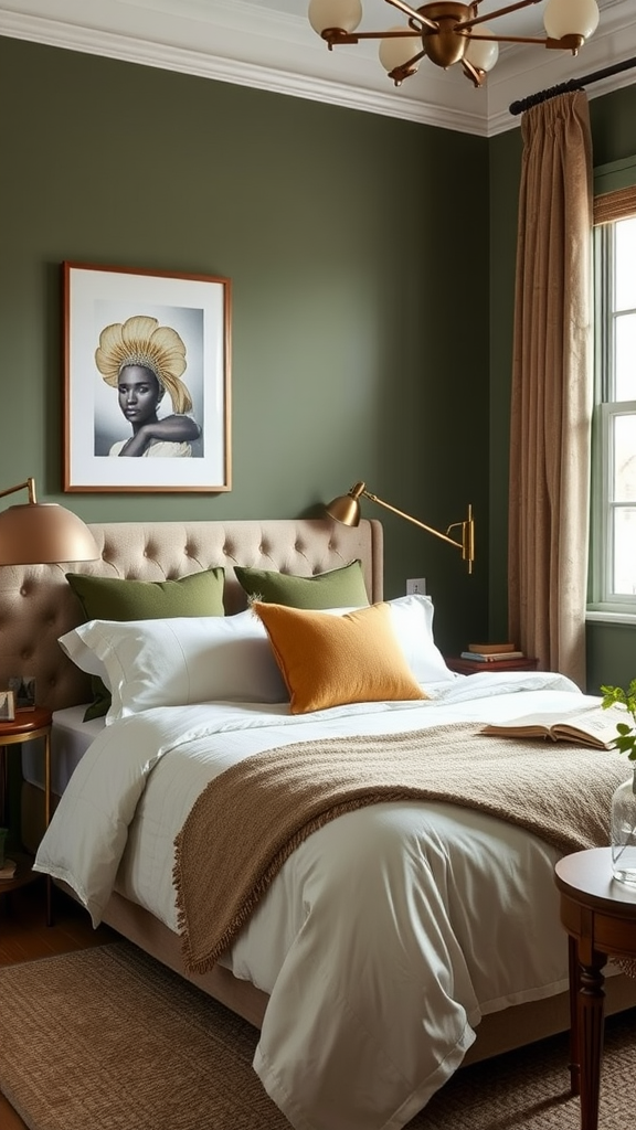 A cozy bedroom featuring olive green walls, a beige tufted bed with white bedding, and decorative pillows in green and orange.