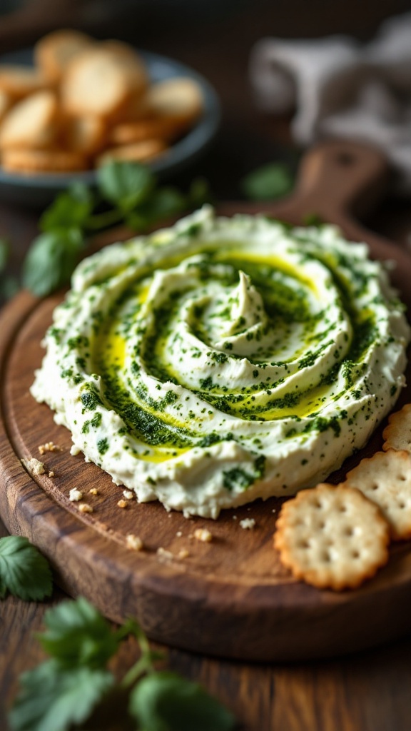 Creamy pesto and goat cheese spread on a wooden board with crackers and herbs