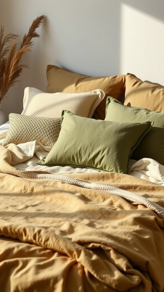 Cozy bed with natural fiber bedding and pillows