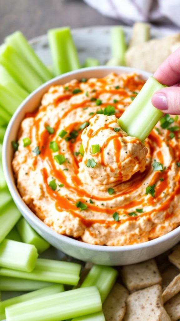 Buffalo cauliflower dip in a bowl with celery sticks for dipping