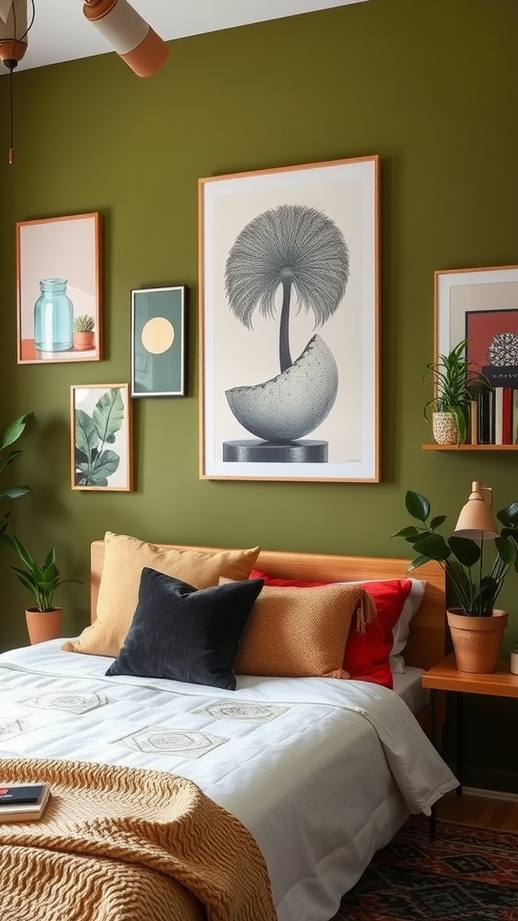 A bedroom featuring an olive green accent wall with framed artwork, plants, and cozy bedding.