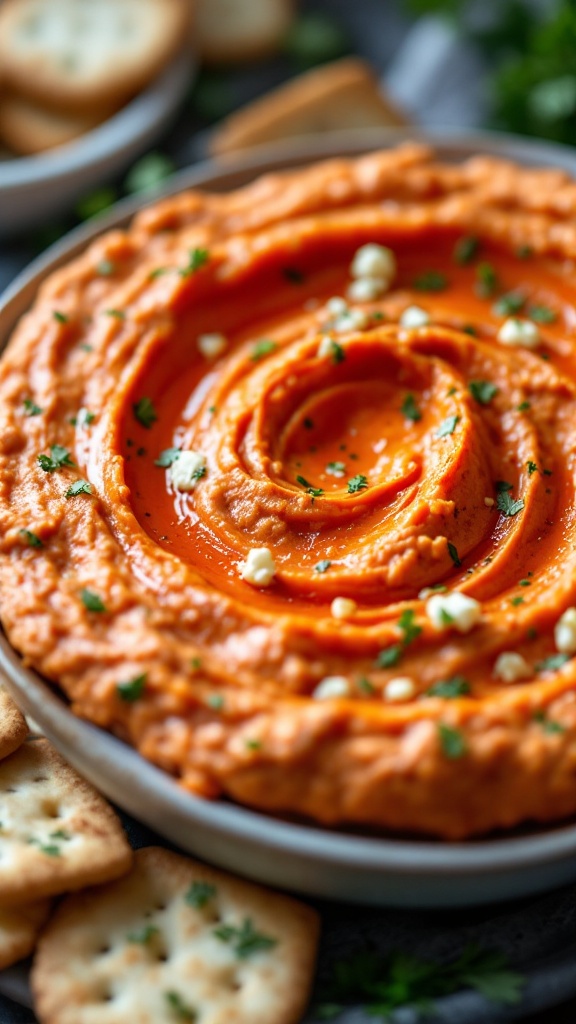 A bowl of roasted red pepper and feta dip with crackers on the side.  Easy to make the day before so you can actually ENJOY the party!

Easy dips for a party, party dip appetizers, snack dips, parties potluck dips, party appetizers dips, finger food dips