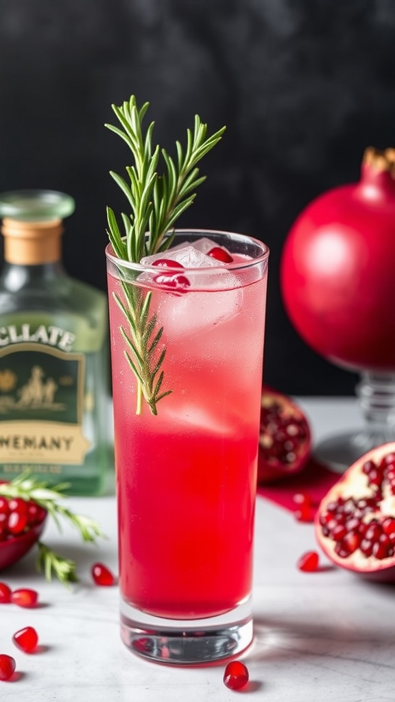 A refreshing pomegranate rosemary fizz cocktail garnished with a sprig of rosemary and pomegranate seeds.