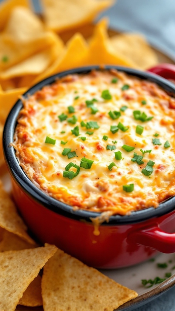 A warm hot pepper cheese dip in a red dish surrounded by tortilla chips.