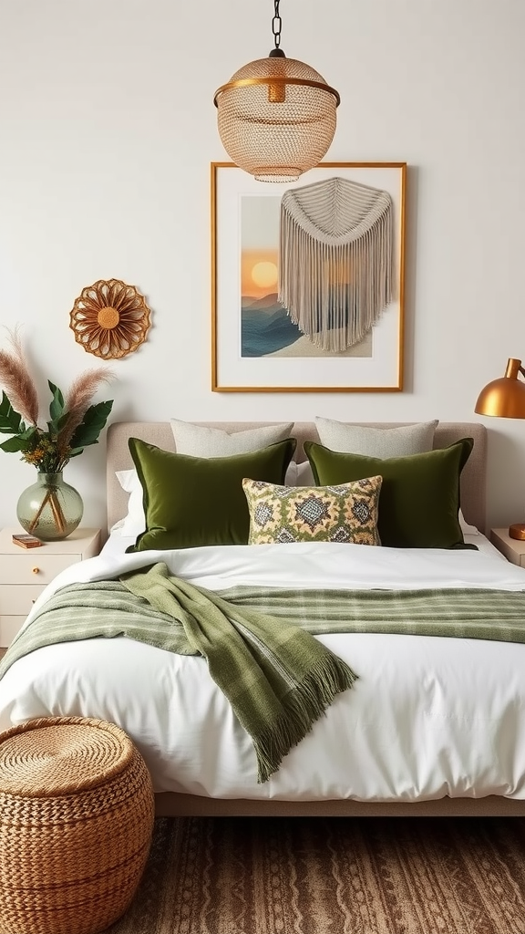 A cozy bedroom featuring olive green accents and gold decor.