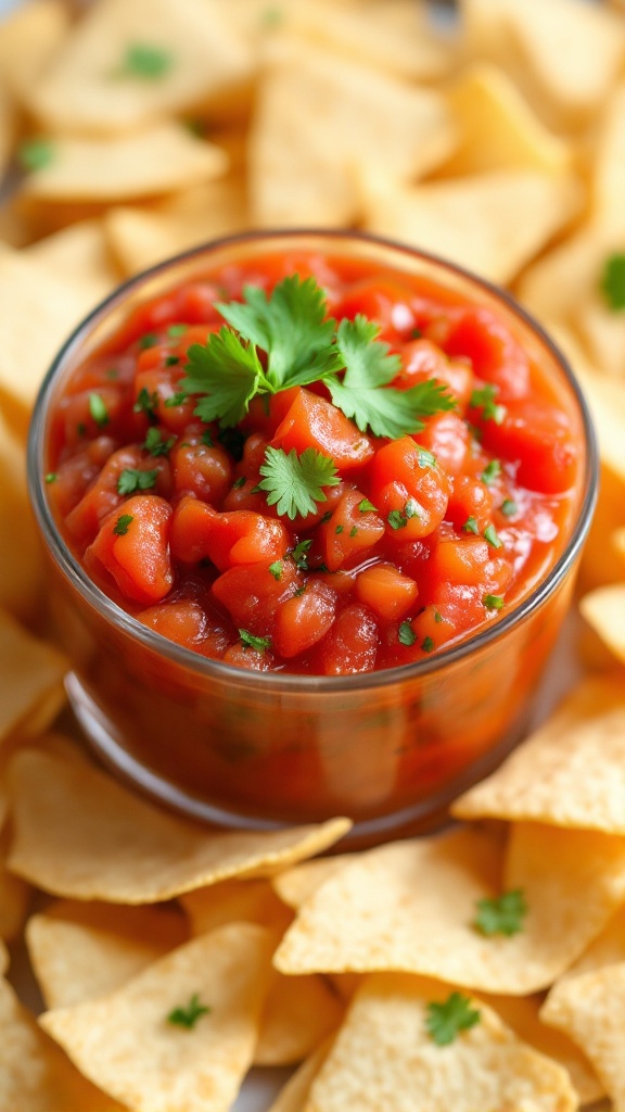 A bowl of chunky tomato salsa topped with cilantro, surrounded by tortilla chips.