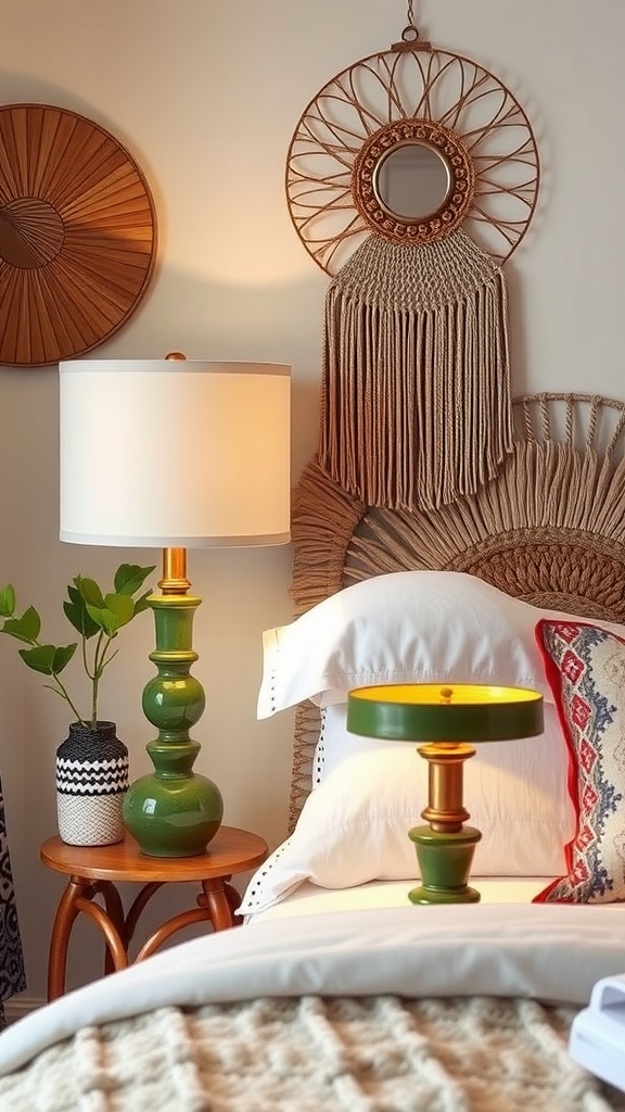 A stylish bedroom scene featuring unique green bedside lamps and cozy bedding.