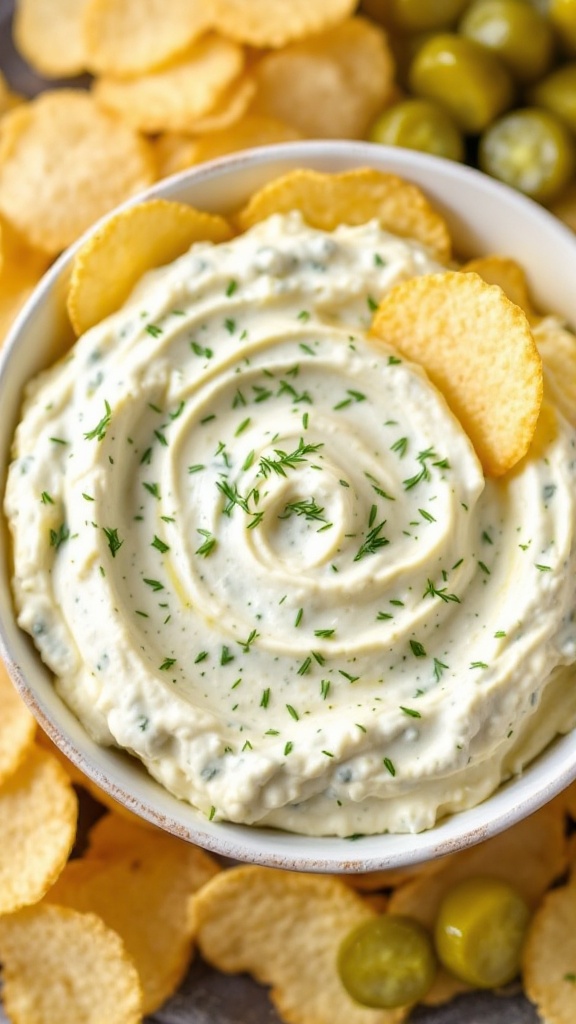 A bowl of creamy dill pickle dip garnished with fresh dill, surrounded by potato chips and green olives.