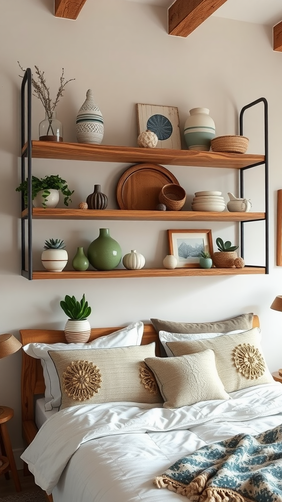 Rustic shelving unit featuring various green and neutral decor items.