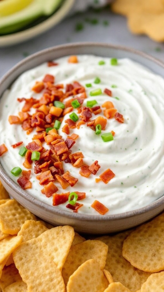 A bowl of creamy bacon ranch dip topped with chopped bacon and green onions, surrounded by tortilla chips.