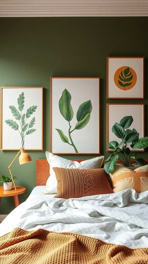 A cozy bedroom featuring olive green walls and botanical artwork.