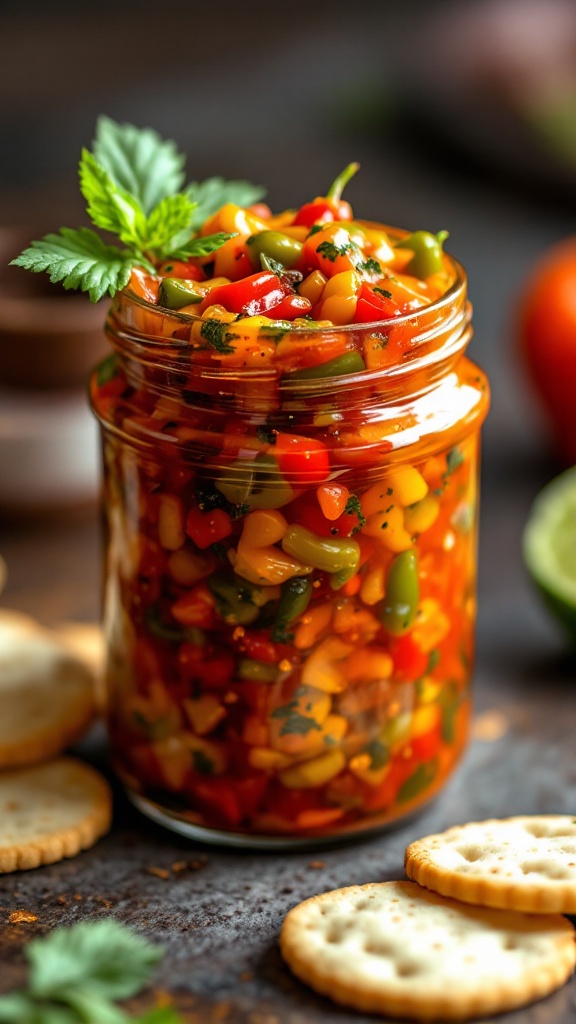 Vibrant jar of sweet and spicy pepper relish with colorful diced peppers and fresh herbs.