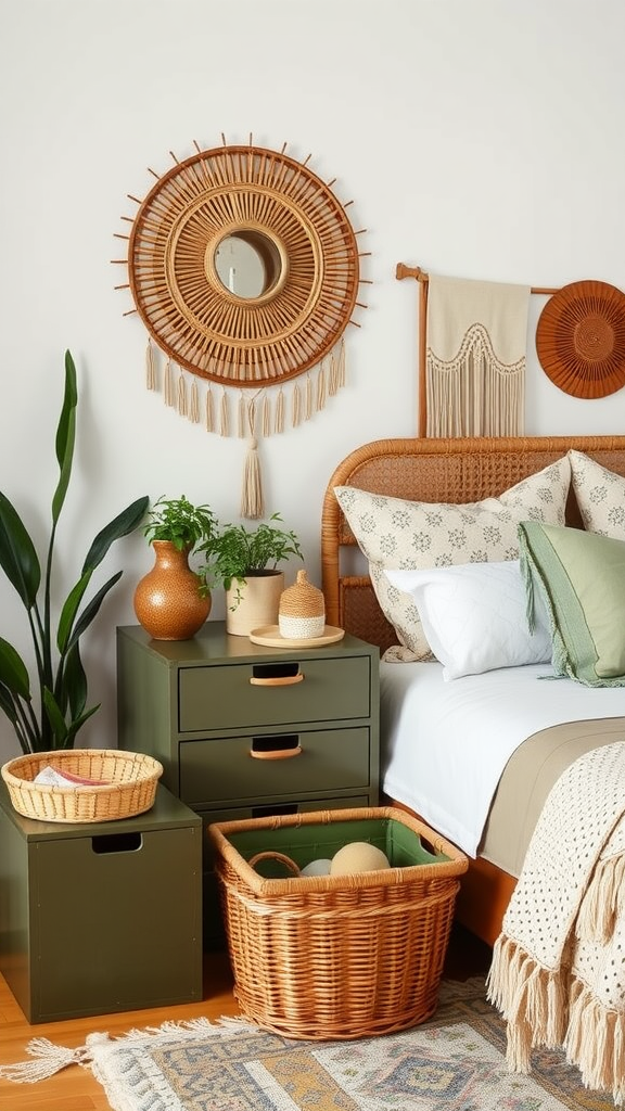 A cozy bedroom featuring olive green storage solutions, including baskets and drawers, alongside a stylish decorated wall.