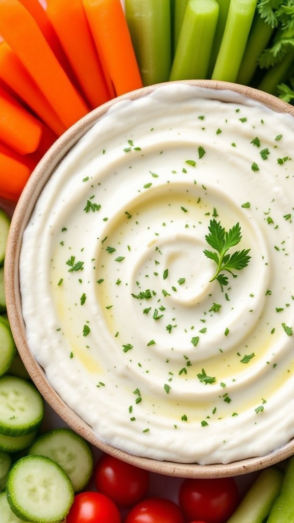 A bowl of creamy garlic parmesan dip topped with parsley, surrounded by colorful carrots, celery, cucumbers, and cherry tomatoes.