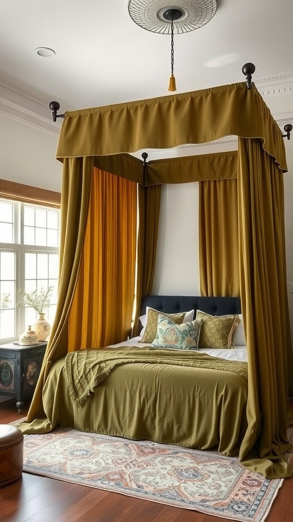 Bohemian-style canopy bed with earthy tones and flowing fabrics.