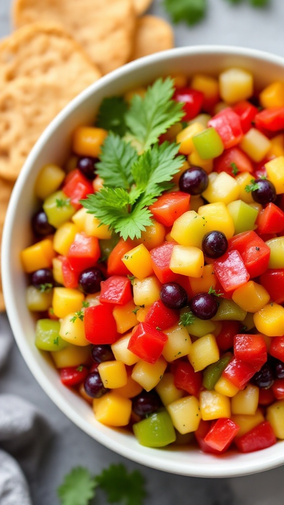 A colorful bowl of fruit salsa with diced mango, pineapple, peppers, and blueberries, garnished with cilantro, alongside cinnamon chips.