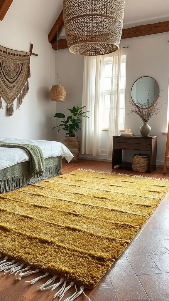 A cozy bedroom featuring a textured yellow rug, olive green throw, and natural decor.