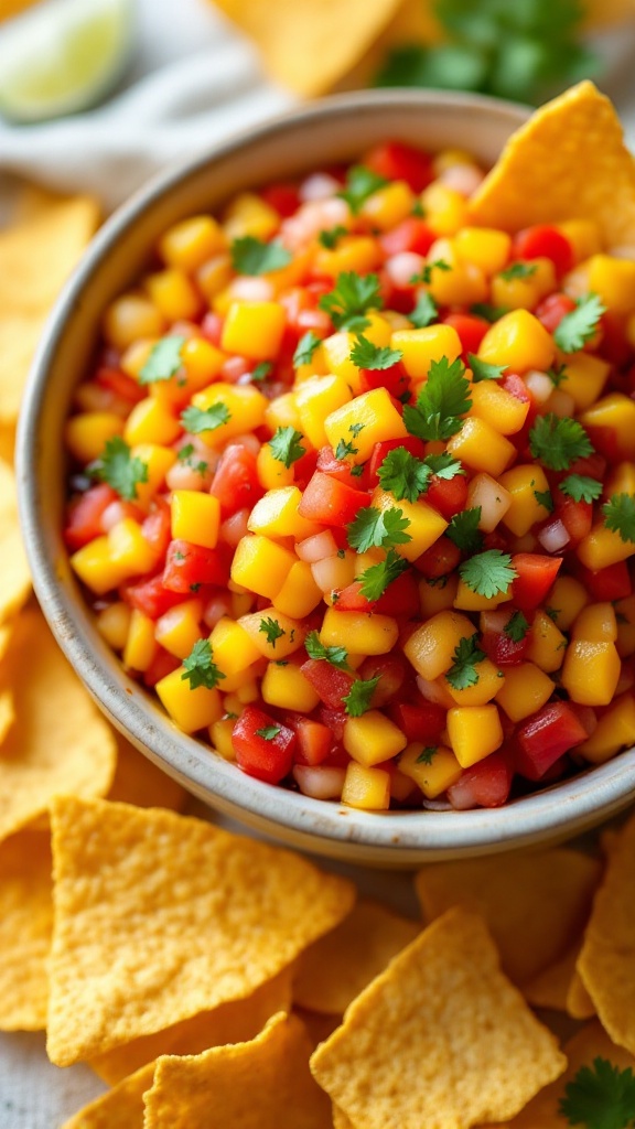 Bowl of mango salsa with diced mango and tomatoes, garnished with cilantro, surrounded by tortilla chips.