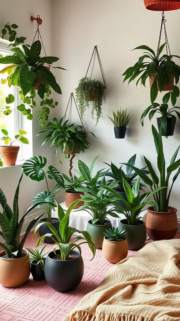 A cozy indoor space filled with various plants in stylish pots, creating a bohemian atmosphere.