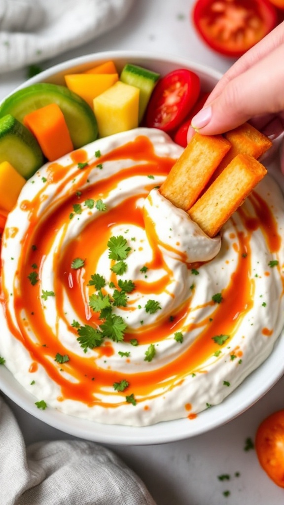 A bowl of creamy yogurt dip swirled with Sriracha and topped with cilantro, surrounded by fresh vegetables and fruits.