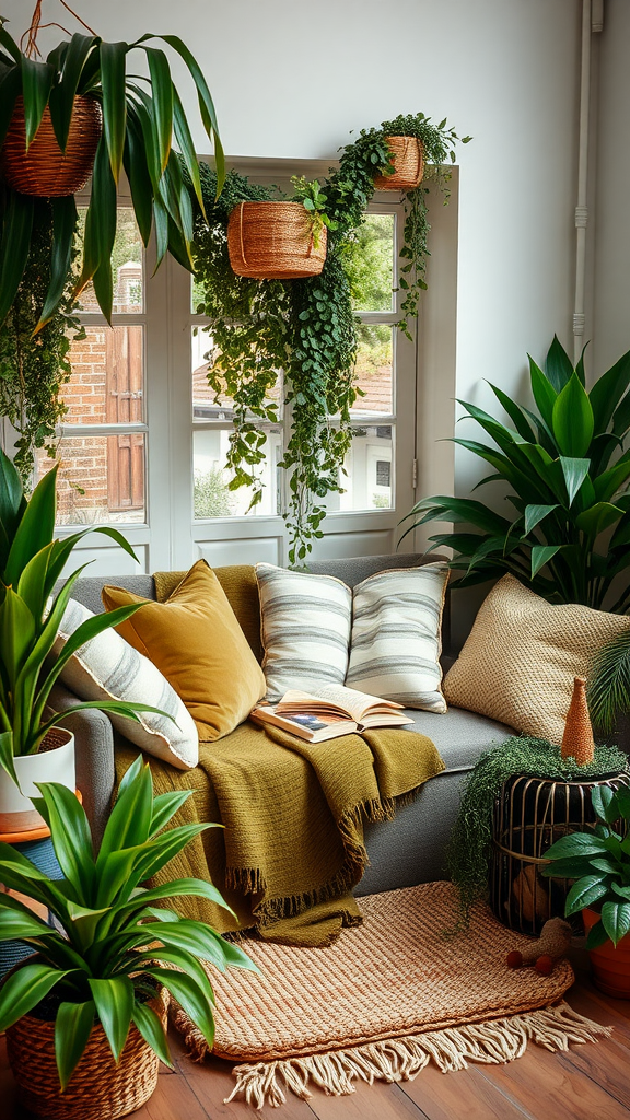 A cozy nook with olive green throws, soft pillows, and lush plants.